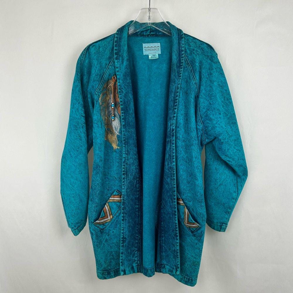 RARE! Vintage Sundance Hand Painted Indigenous Tribal Denim Long Jacket