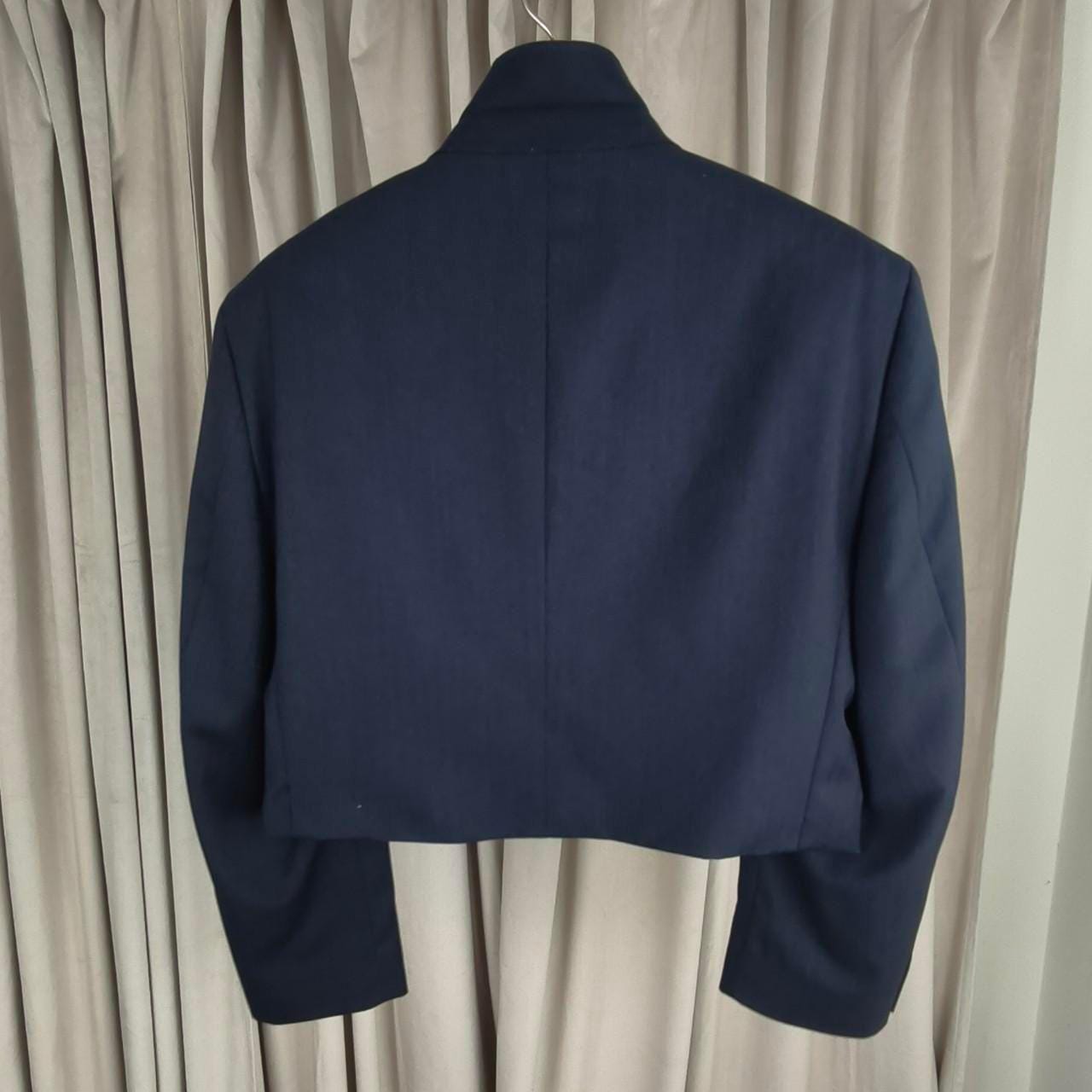 Reworked Vintage Navy Pinstripe Cropped Blazer Tang Mandarin Jacket