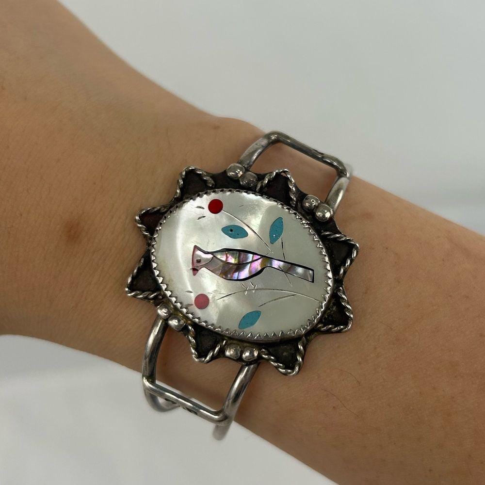 Vintage Silver Zuni Inlaid Mother of Pearl Bird Bracelet