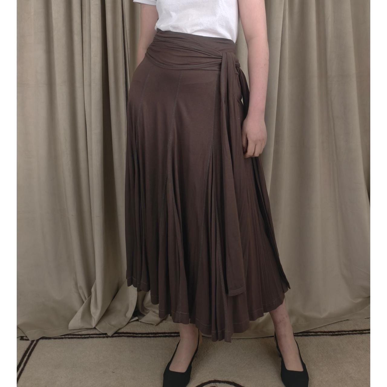 Lapis Brown Pleated Midi Skirt with Tie Waist