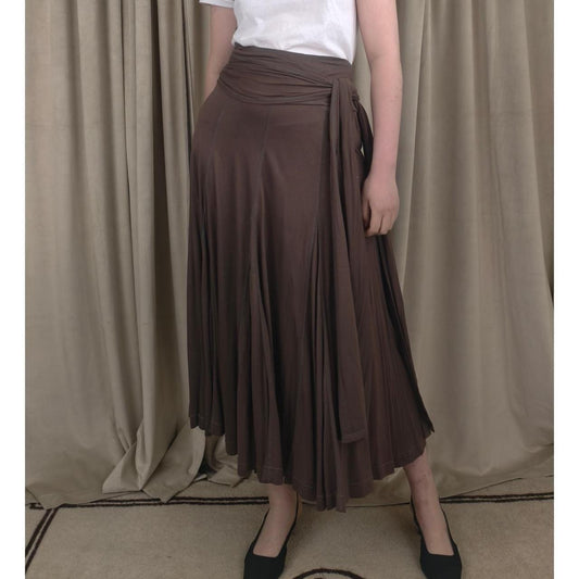 Lapis Brown Pleated Midi Skirt with Tie Waist