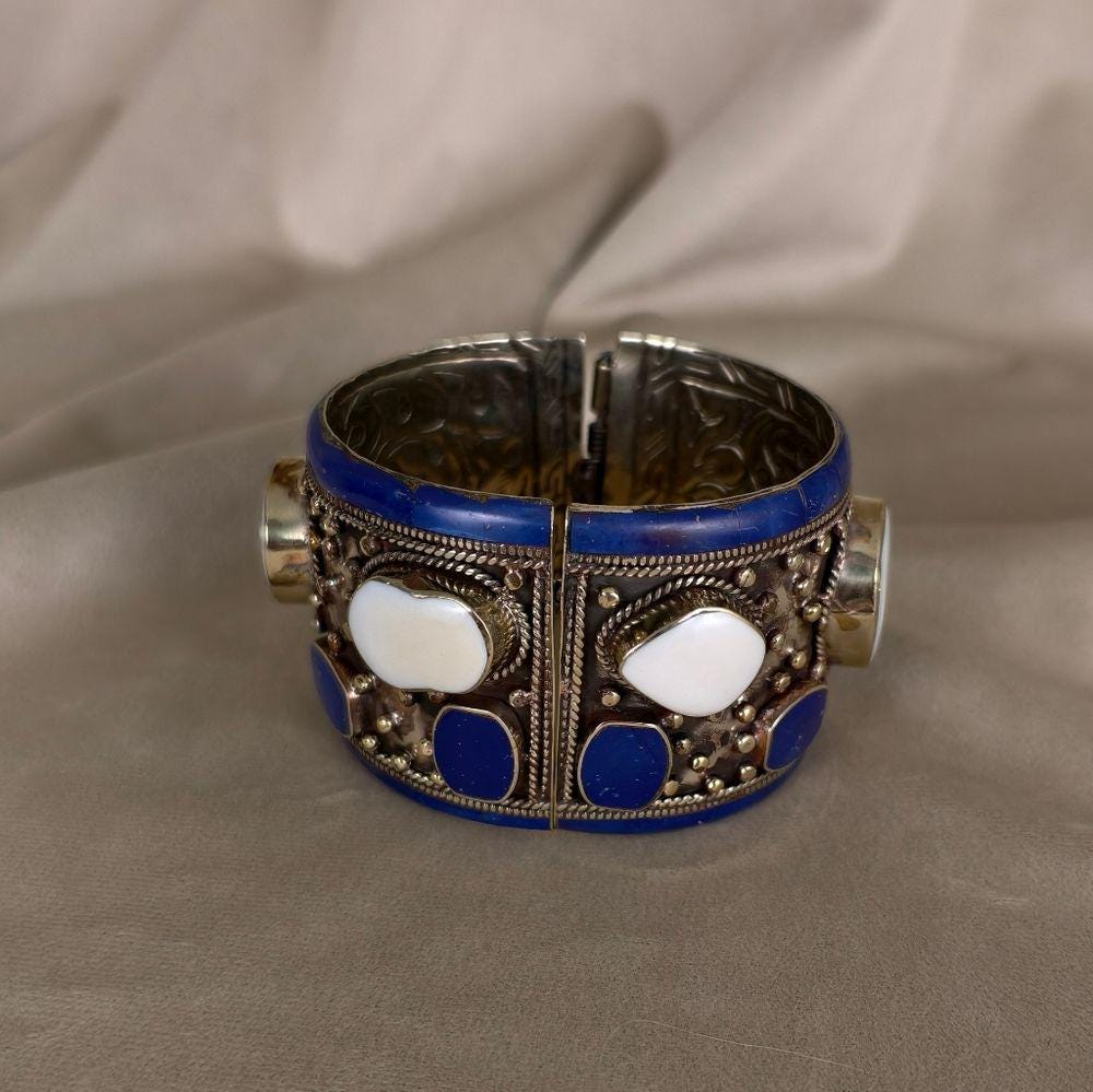 Antique Tibetan Sterling Silver Blue and White Handmade Bracelet