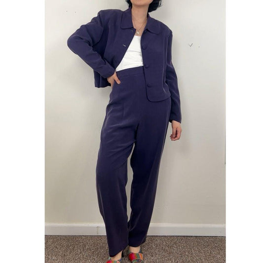 Vintage Patrick Collection Purple Silk High-Waisted Pantsuit with Cropped Jacket
