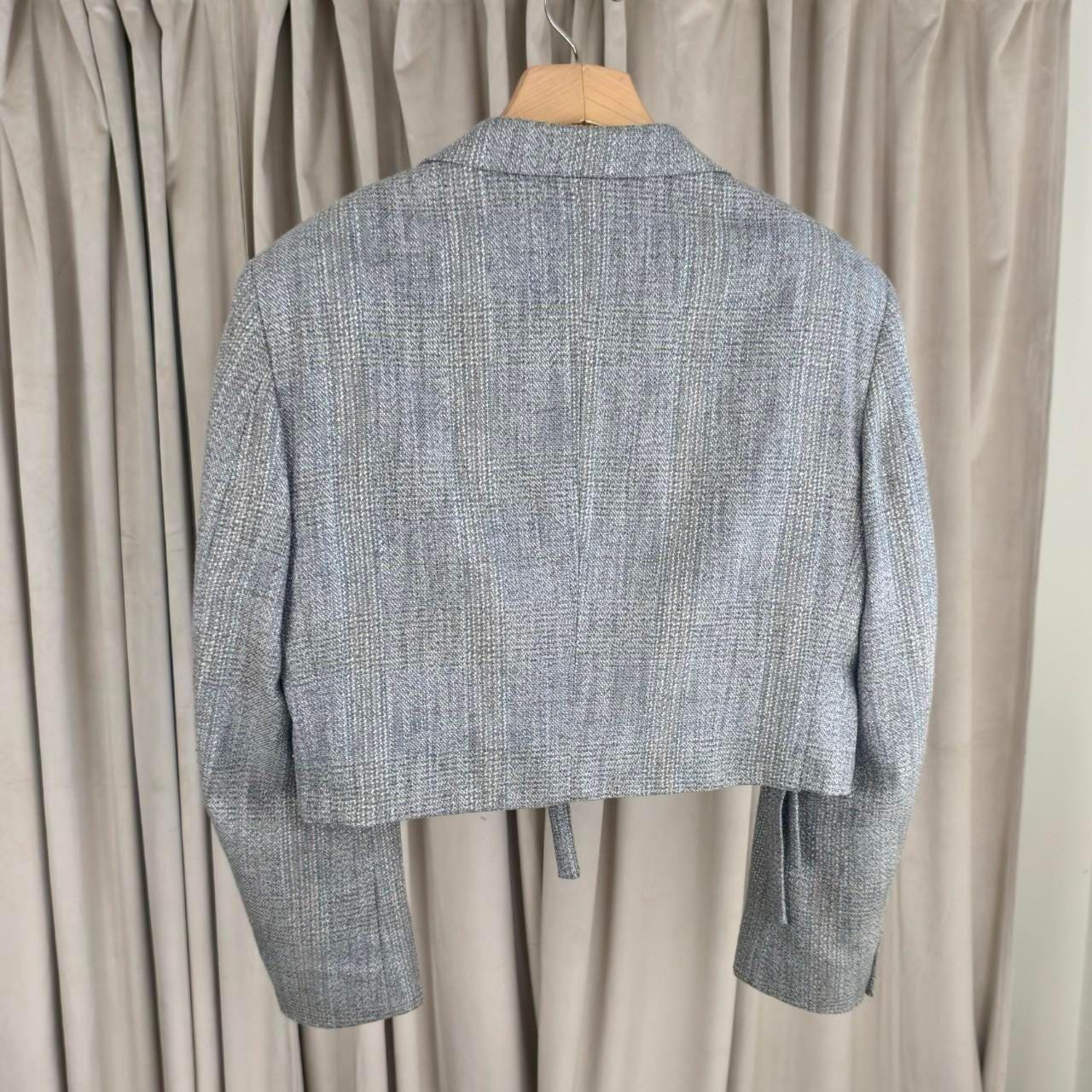 Reworked Vintage Grey Cropped Tweed Blazer with Tie Detail