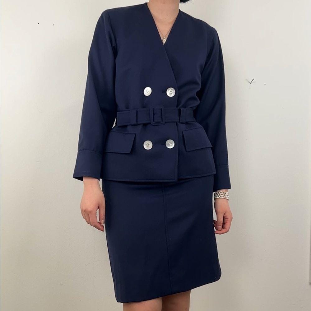 Vintage Yves Saint Laurent Navy Blazer and Skirt Wool Suit Set