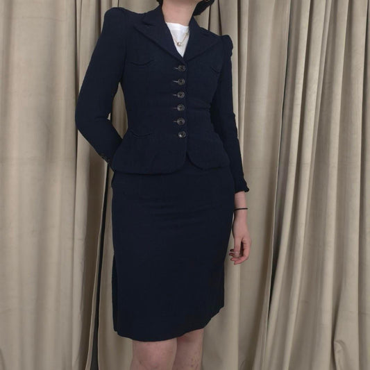 Vintage Navy Wool Fitted Skirt Suit with Puffy Shoulders