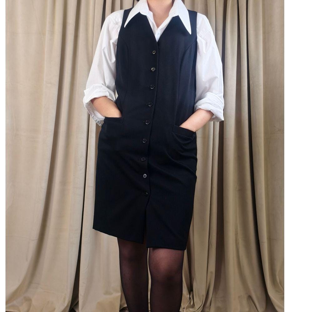 Vintage Valerie Stevens Black Wool Button-Down Sleeveless Vest Dress