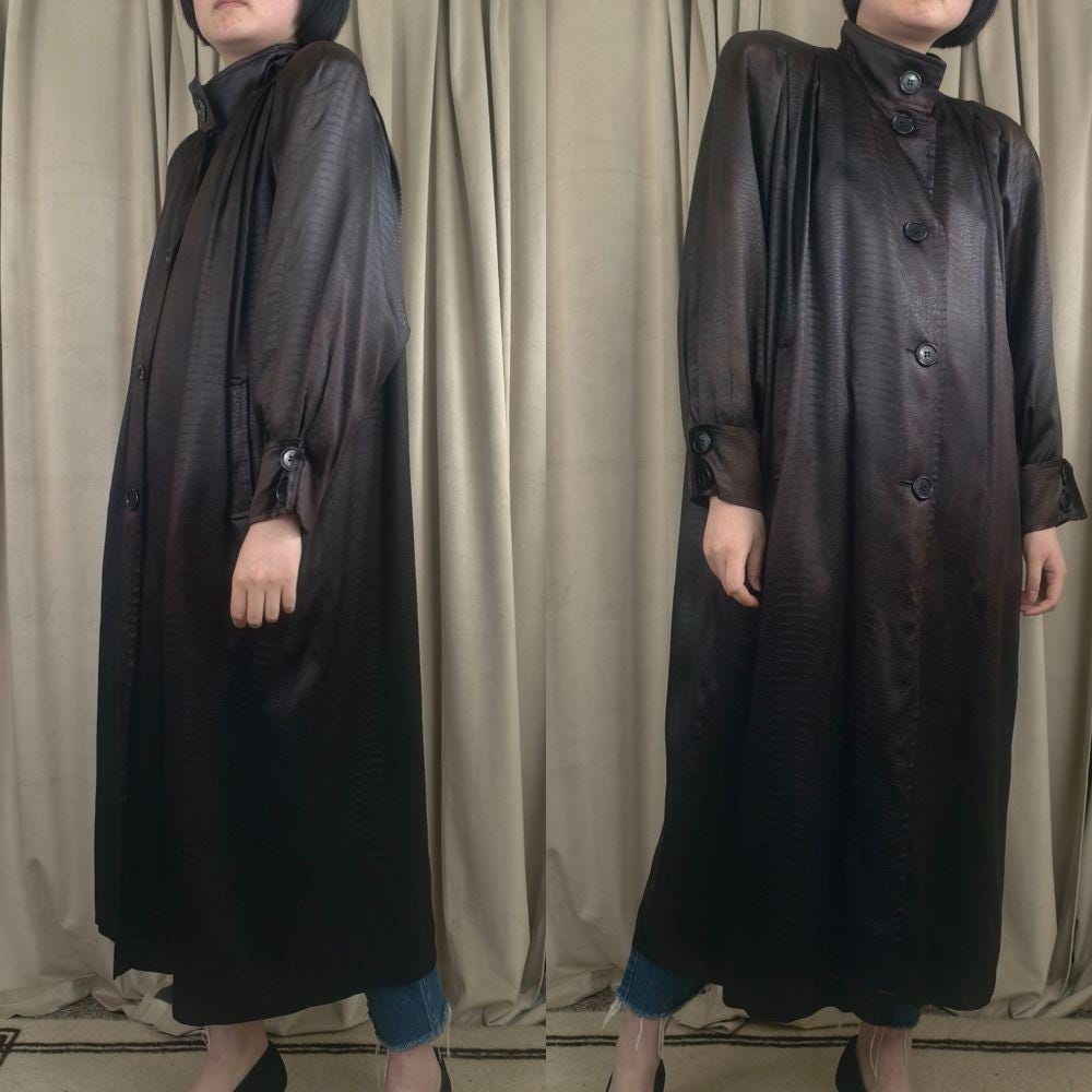 Vintage Long Black Satin Snakeskin Pattern Trench Coat