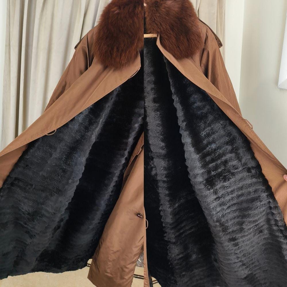 Vintage Bronze Brown Fur-Trimmed and Lined Full Length Trench Coat
