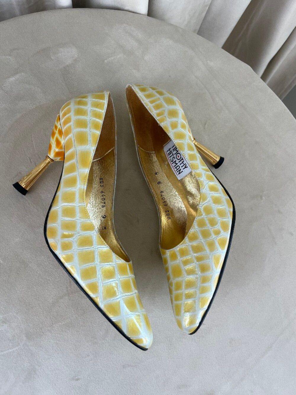 Vintage Timothy Hitsman Yellow Croc-Embossed Pointed-Toe Pumps