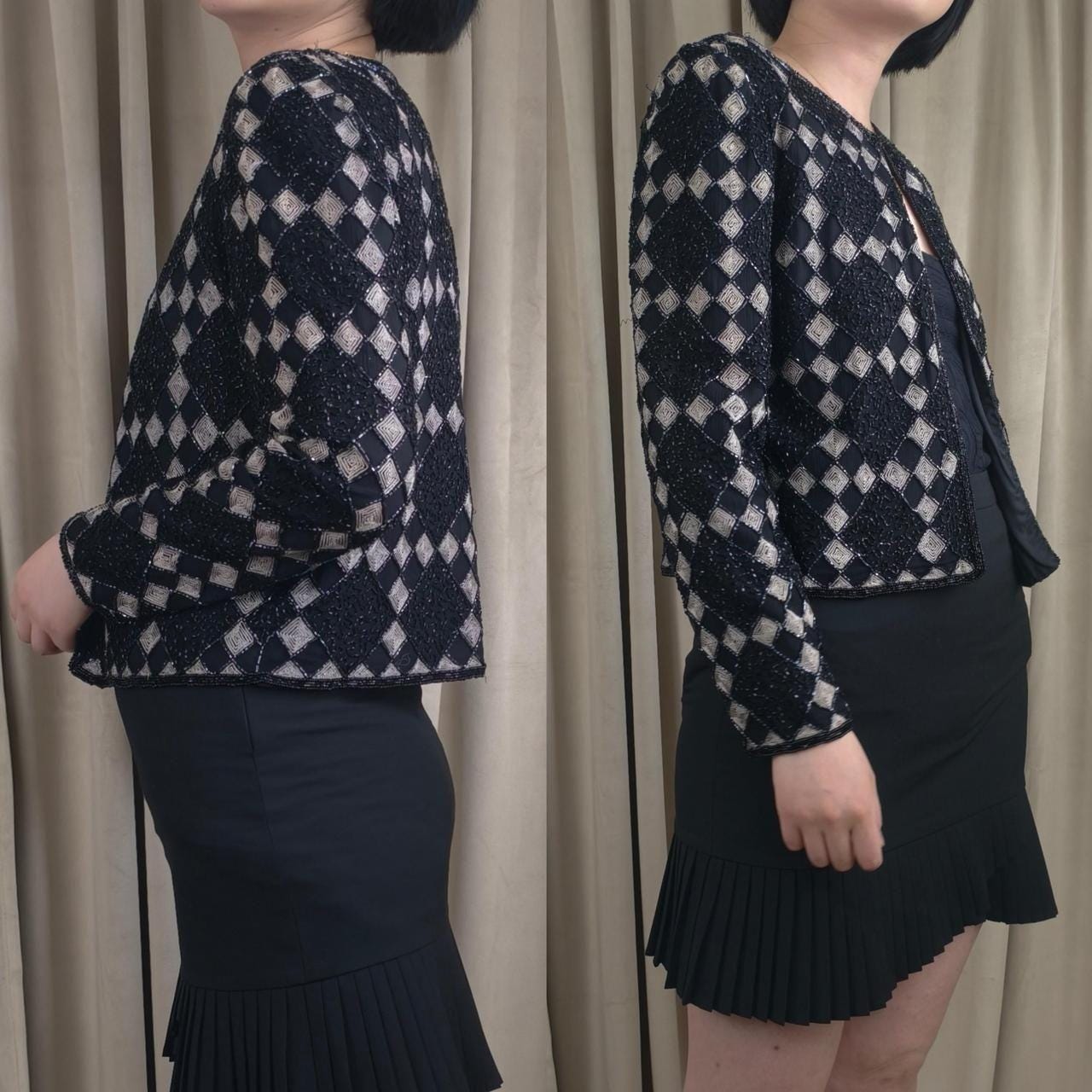 Vintage Black & Silver Beaded Evening Jacket with a Diamond Pattern