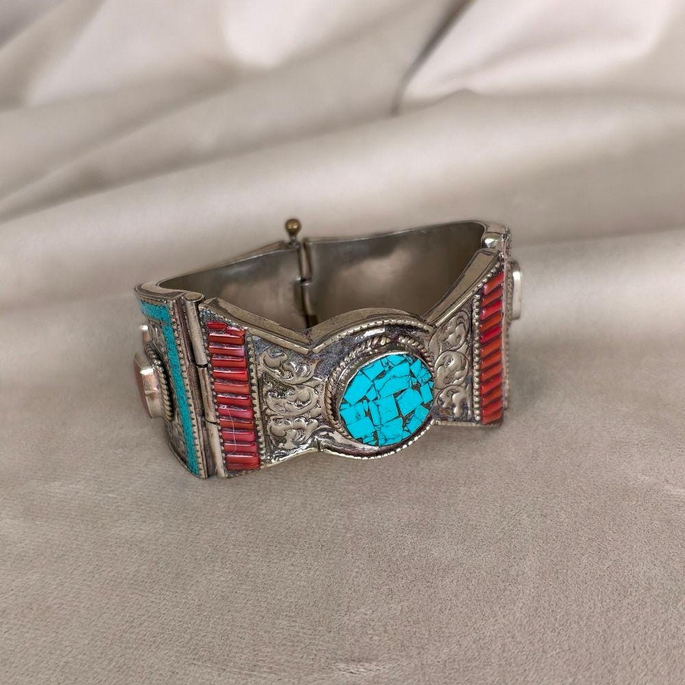 Antique Handmade Tibetan Turquoise and Red Coral Sterling Silver Bracelet