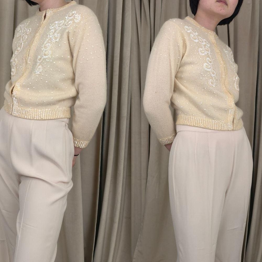 Vintage Wool and Rabbit Hair Cream Cardigan with Sequins Embellishments