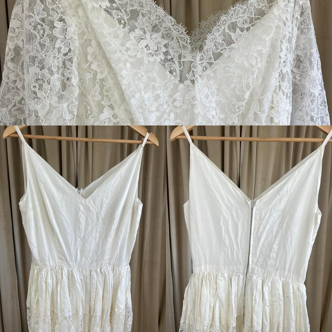 Vintage White Lace Wedding Gown Long Sleeve with Tiered Skirt