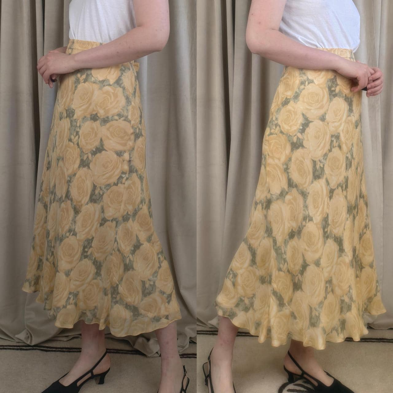 Vintage Jones New York Country Yellow Rose Silk Midi Skirt