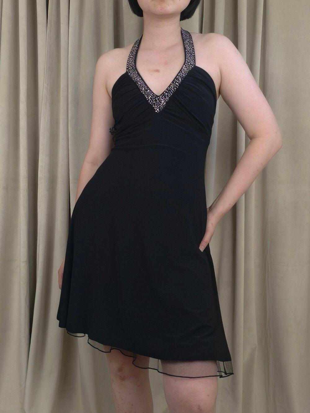 Vintage Betsy & Adam Black Halter V-Neck Embellished Open Back Evening Dress