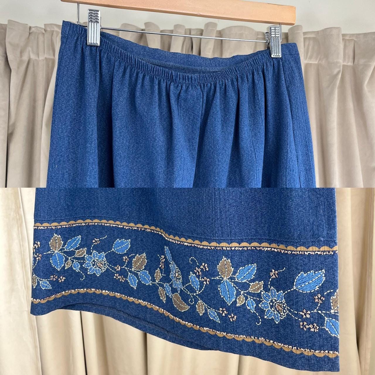 Vintage Blue Denim Maxi Skirt with Floral Embroidery