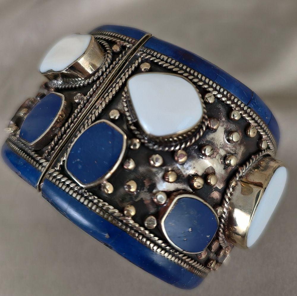 Antique Tibetan Sterling Silver Blue and White Handmade Bracelet