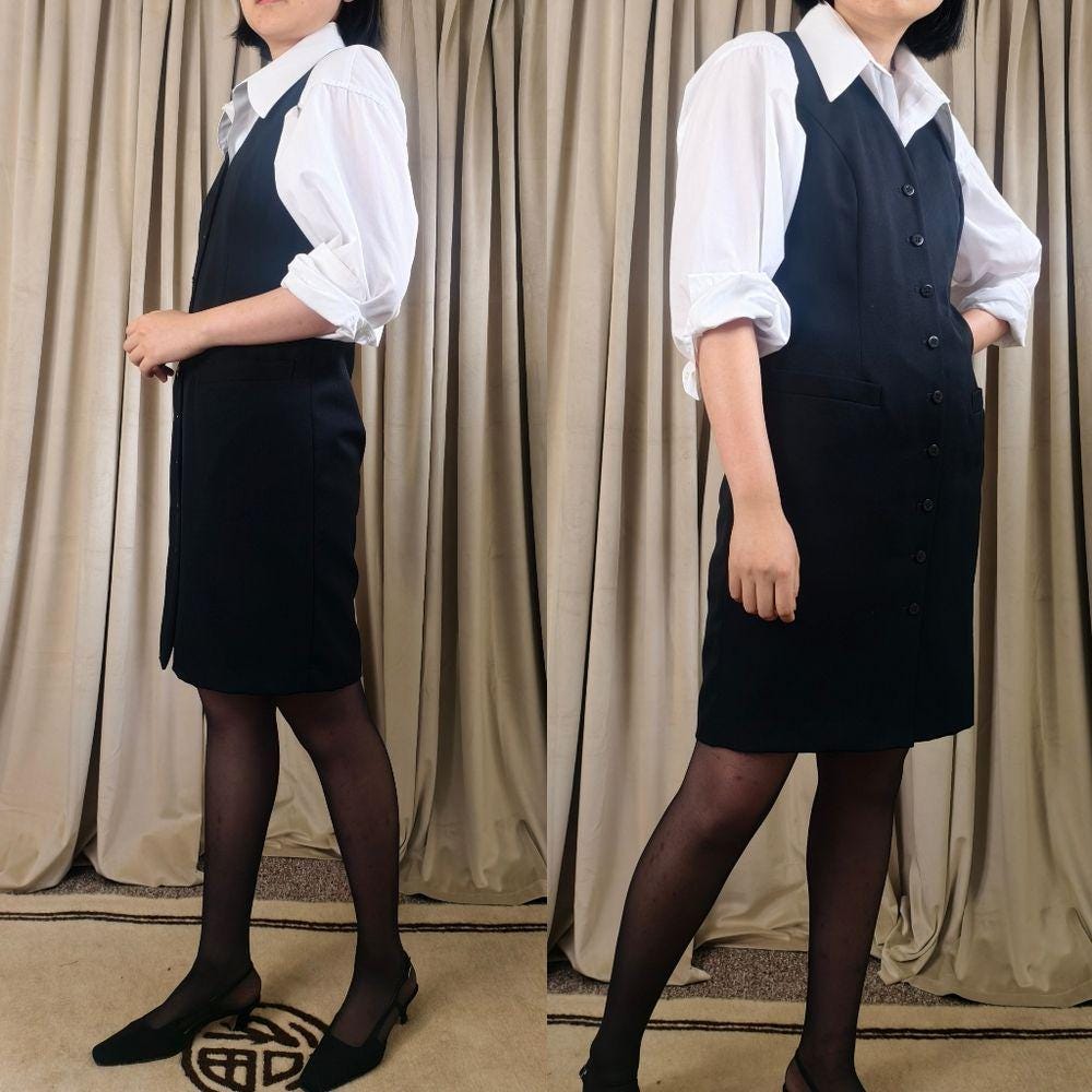 Vintage Valerie Stevens Black Wool Button-Down Sleeveless Vest Dress