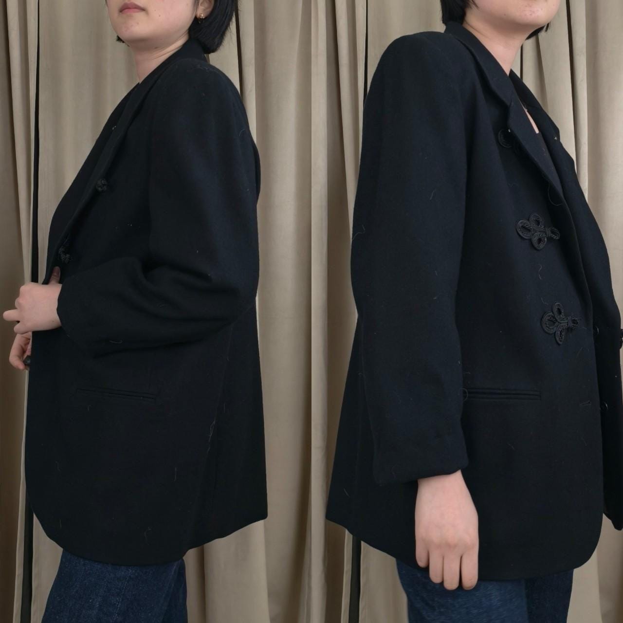 Reworked Vintage Black Wool Blazer Mandarin Tang Jacket