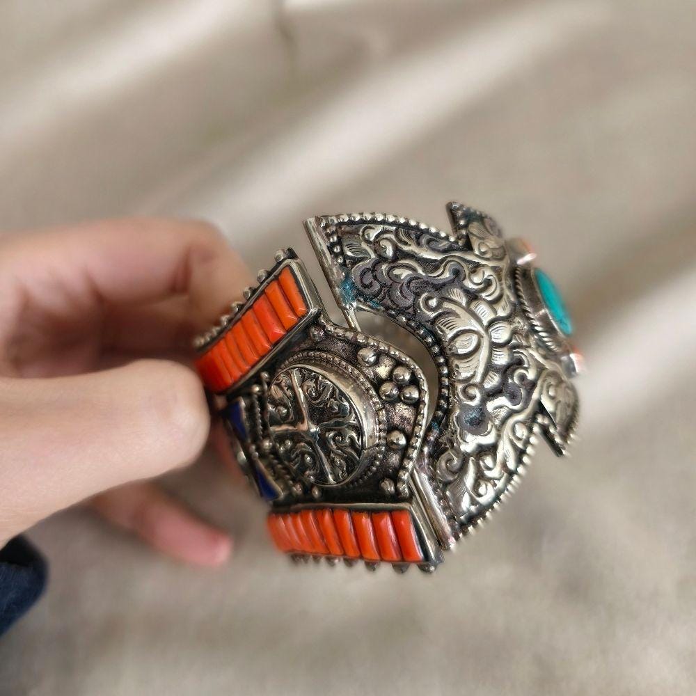 Antique Tibetan Handmade Sterling Silver and Orange Coral Bracelet