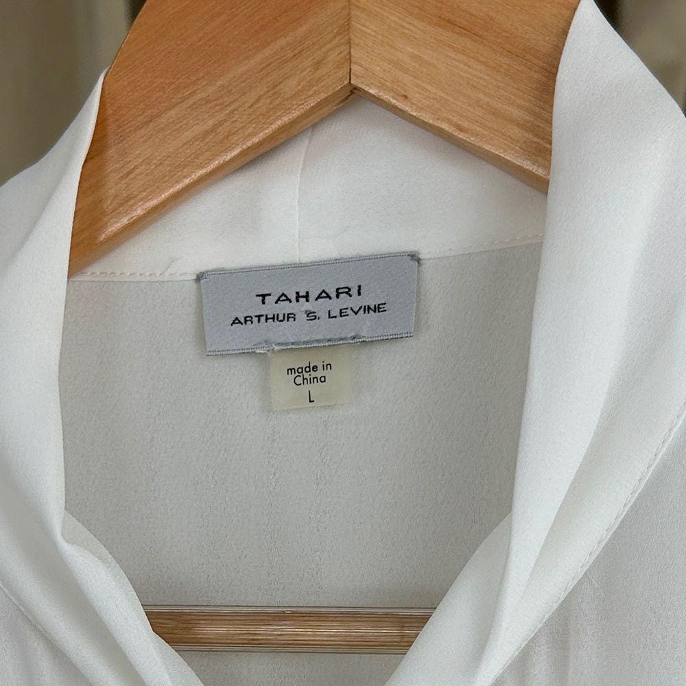 Tahari White Sheer Chiffon Blouse with Pleated Lantern Sleeves Bow Detail