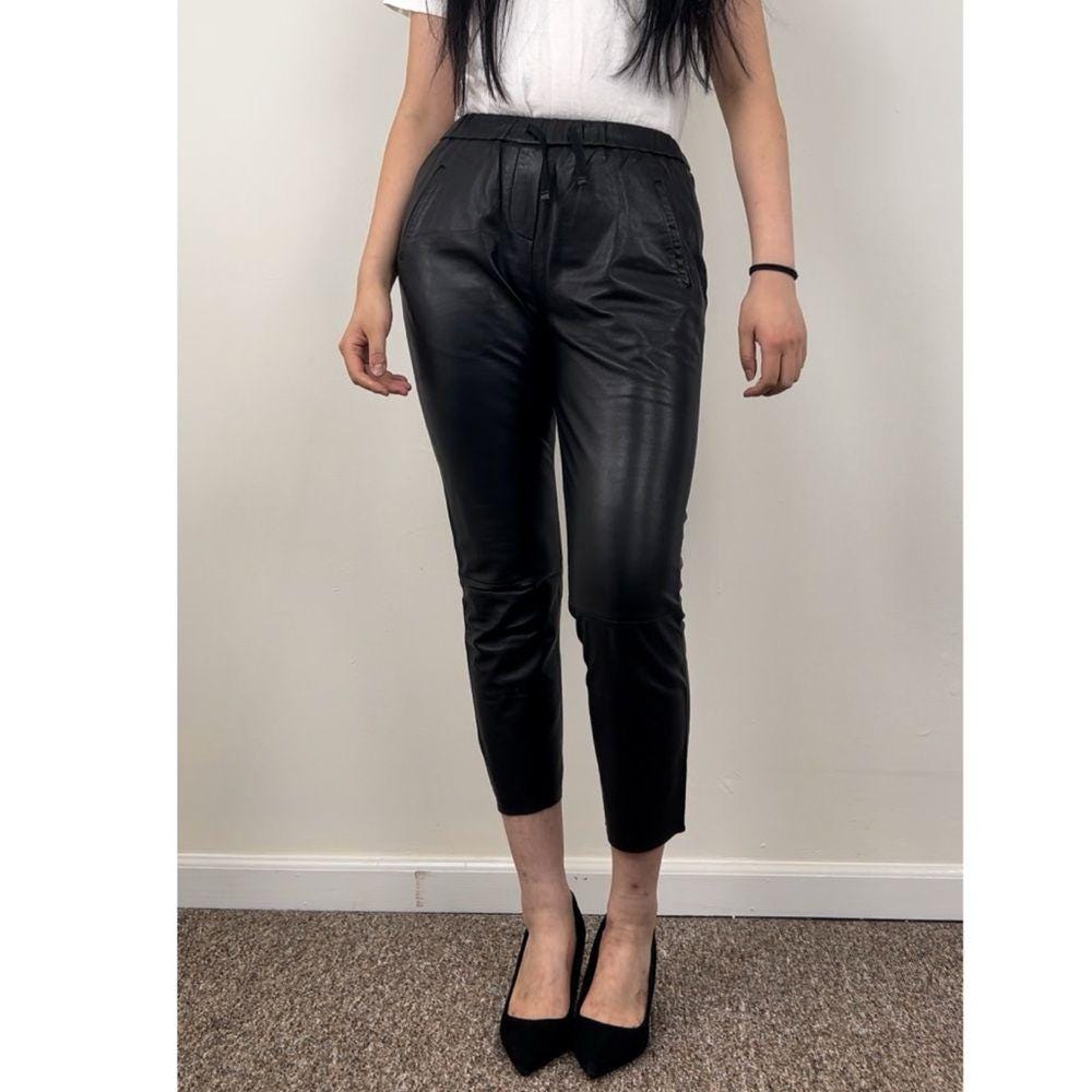 Vintage Black Lambskin Genuine Leather Sweatpants Trousers
