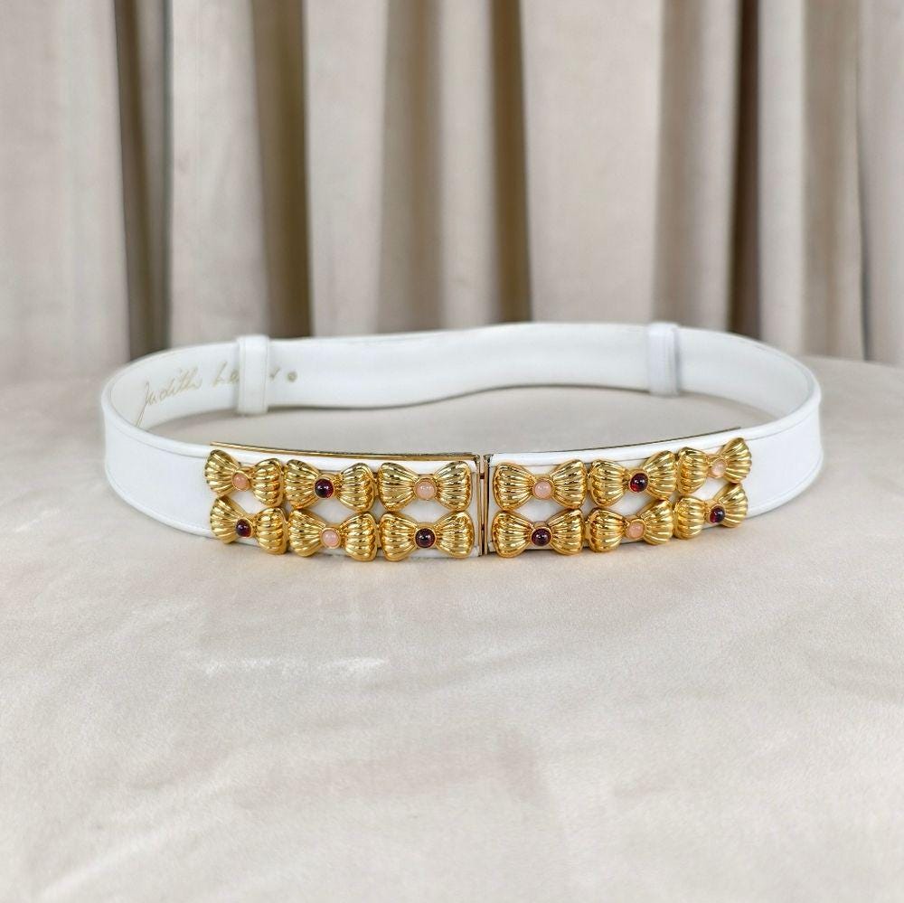 Vintage Judith Leiber Elegant White Belt with Gold Accents