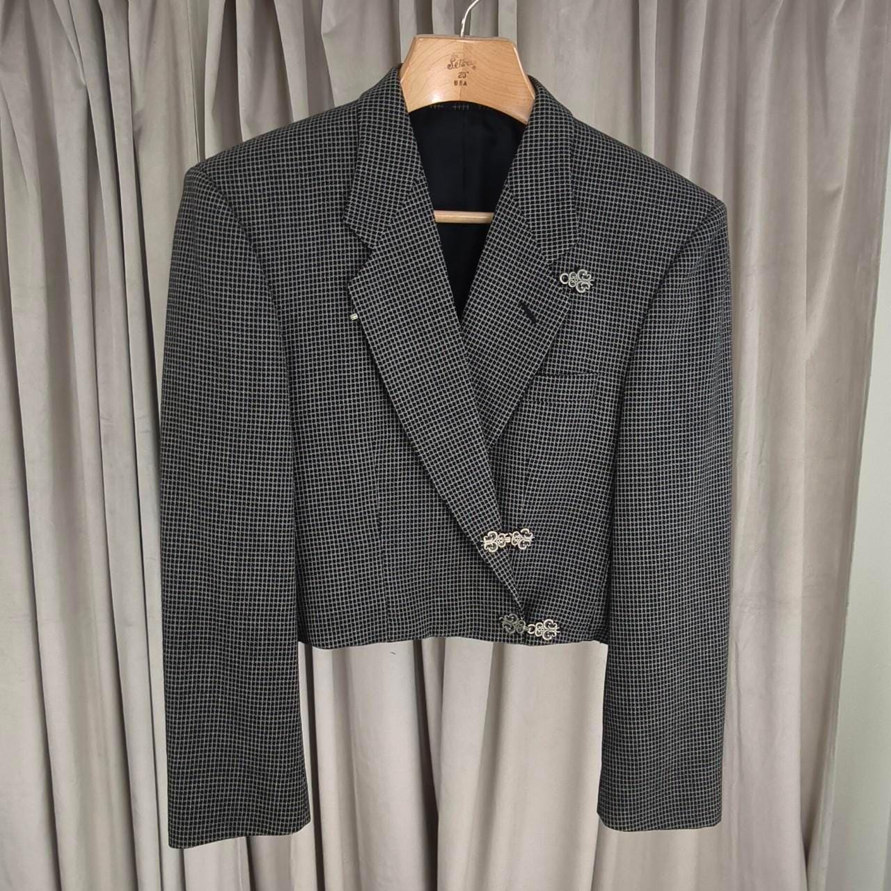 Reworked Vintage Black and Gold Cropped Checkered Blazer Tang Mandarin Jacket