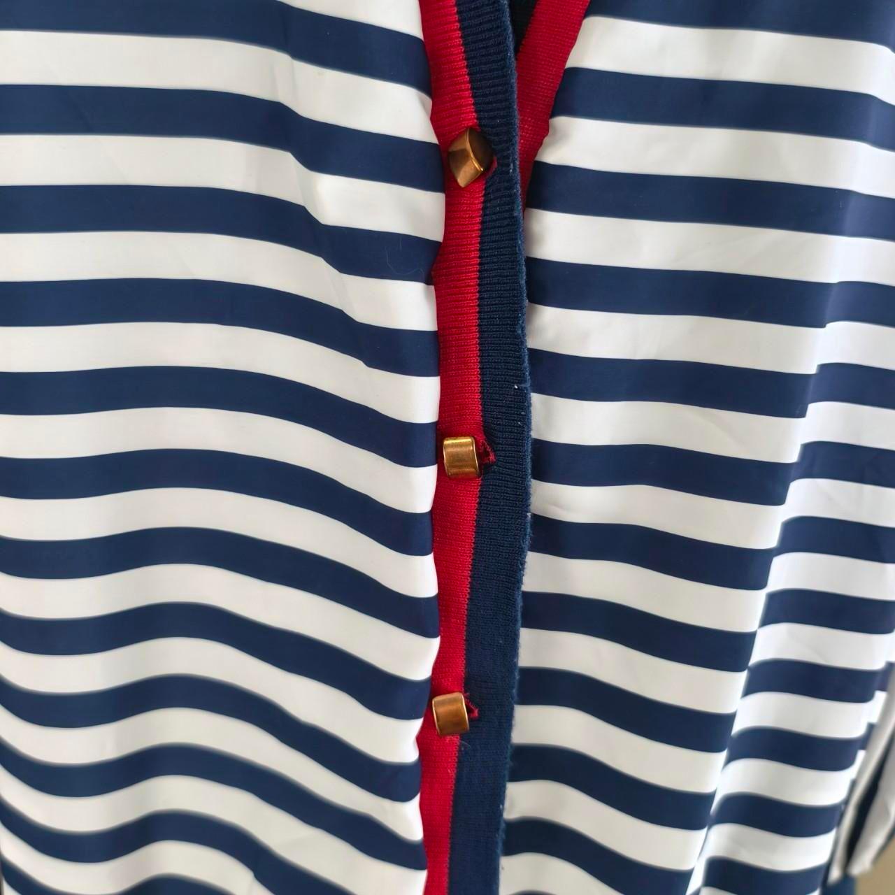 Vintage Striped Navy and White Cardigan with Red Trim