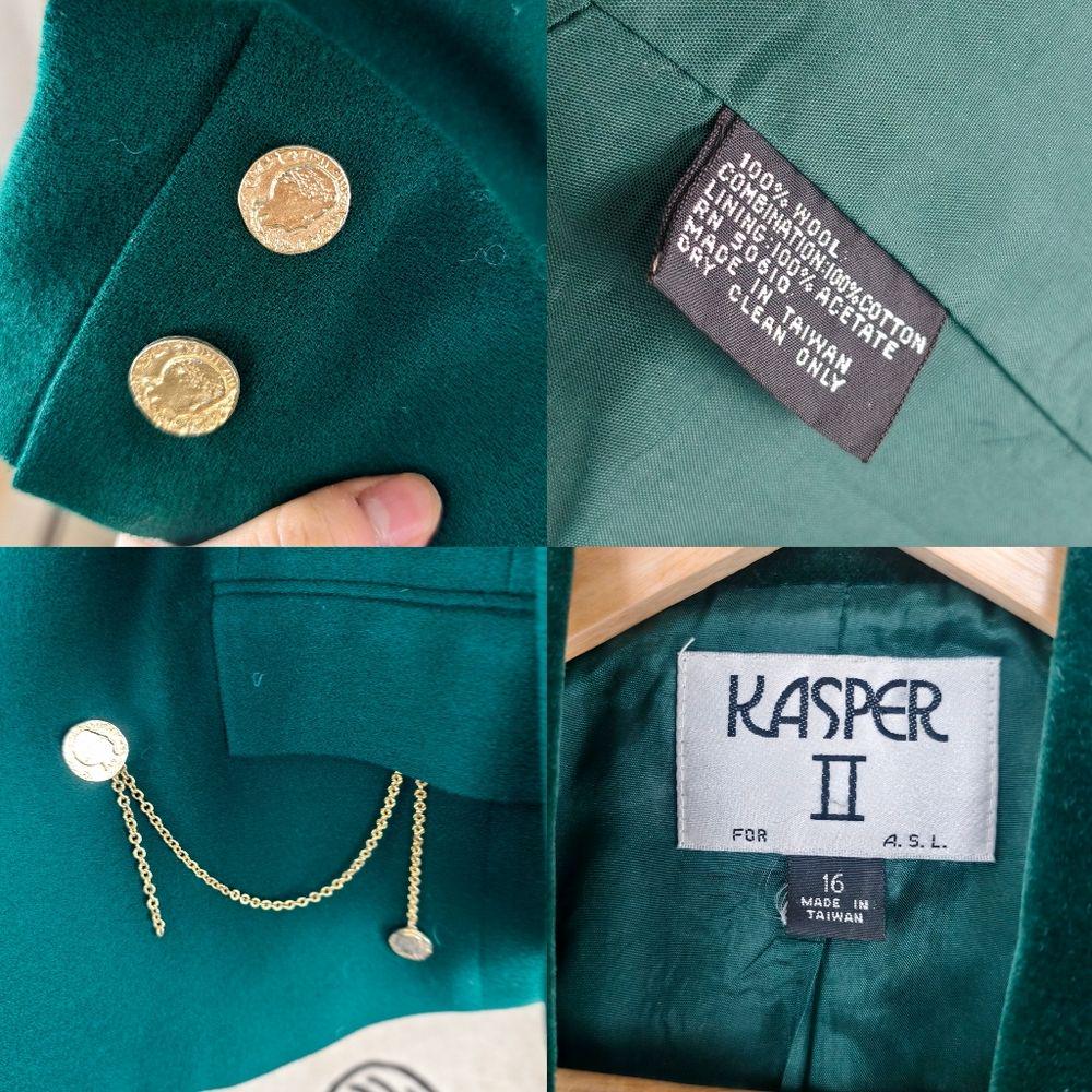 Vintage Kasper Green Wool Skirt and Blazer Suit with Gold Accents