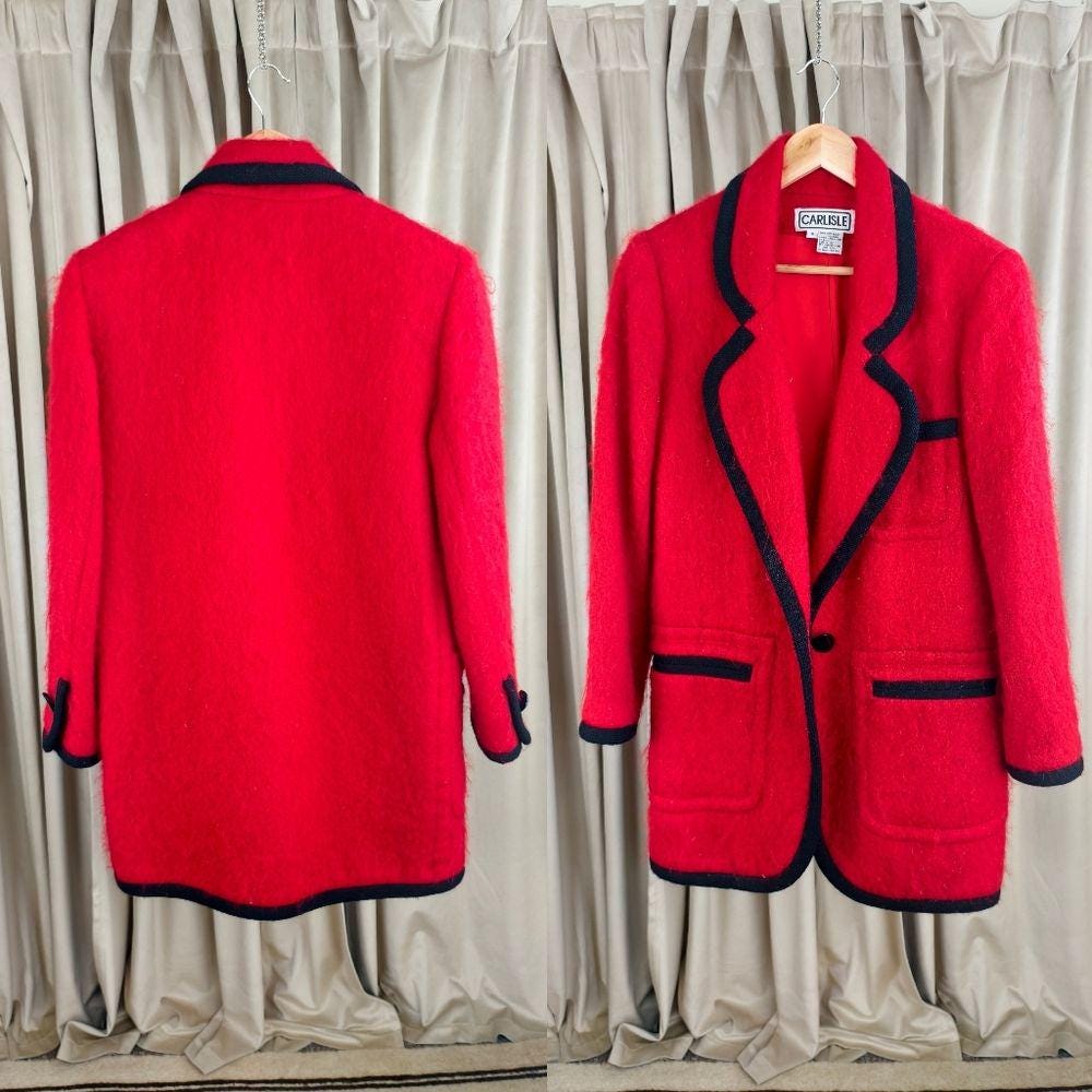 Vintage Carlisle Red Mohair Blazer with Black Trim