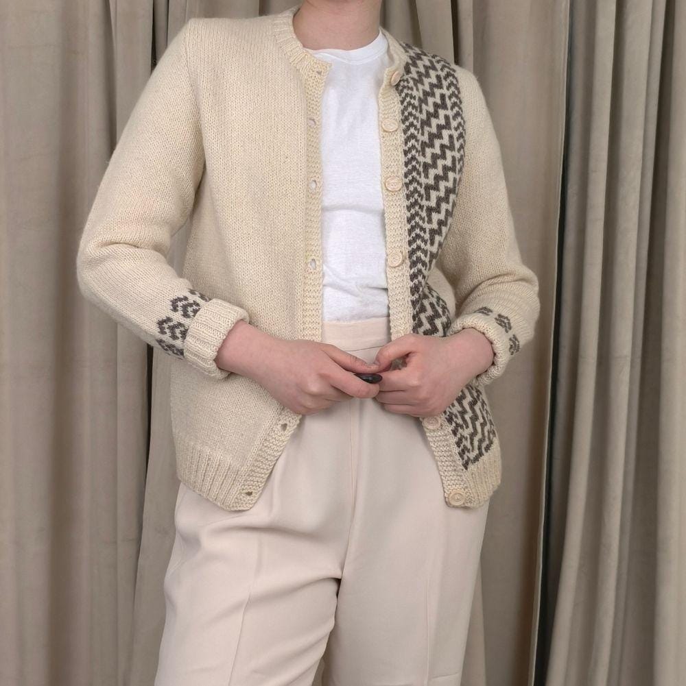 Vintage Cream and Brown Geometric Wool Sweater Cardigan