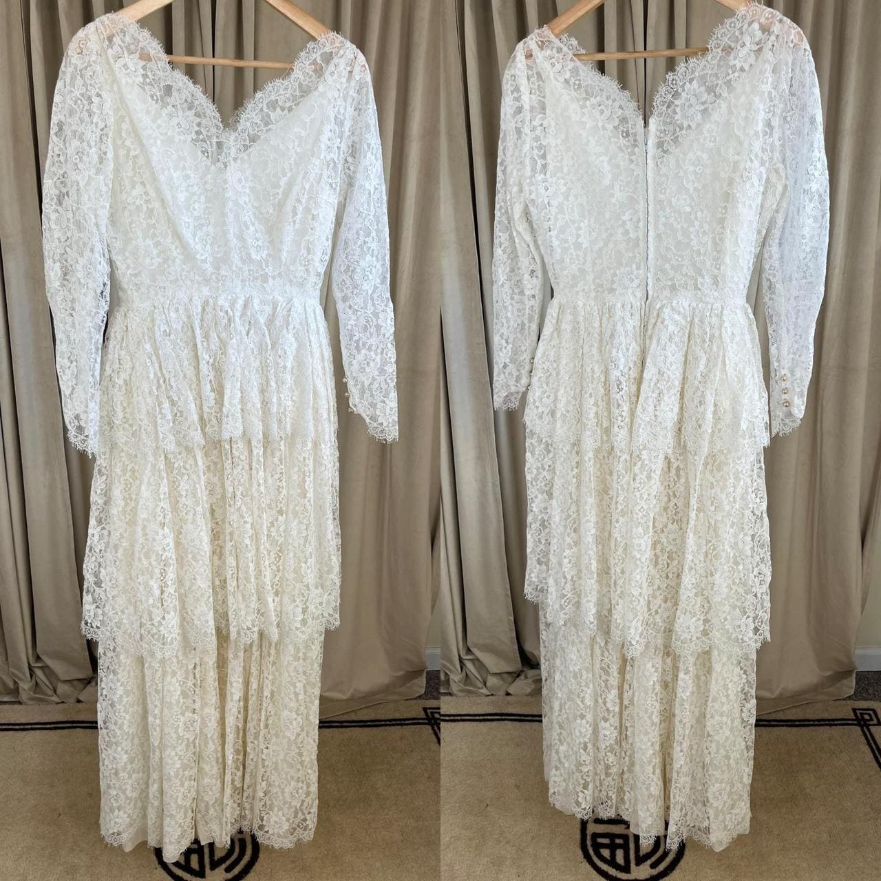 Vintage White Lace Wedding Gown Long Sleeve with Tiered Skirt