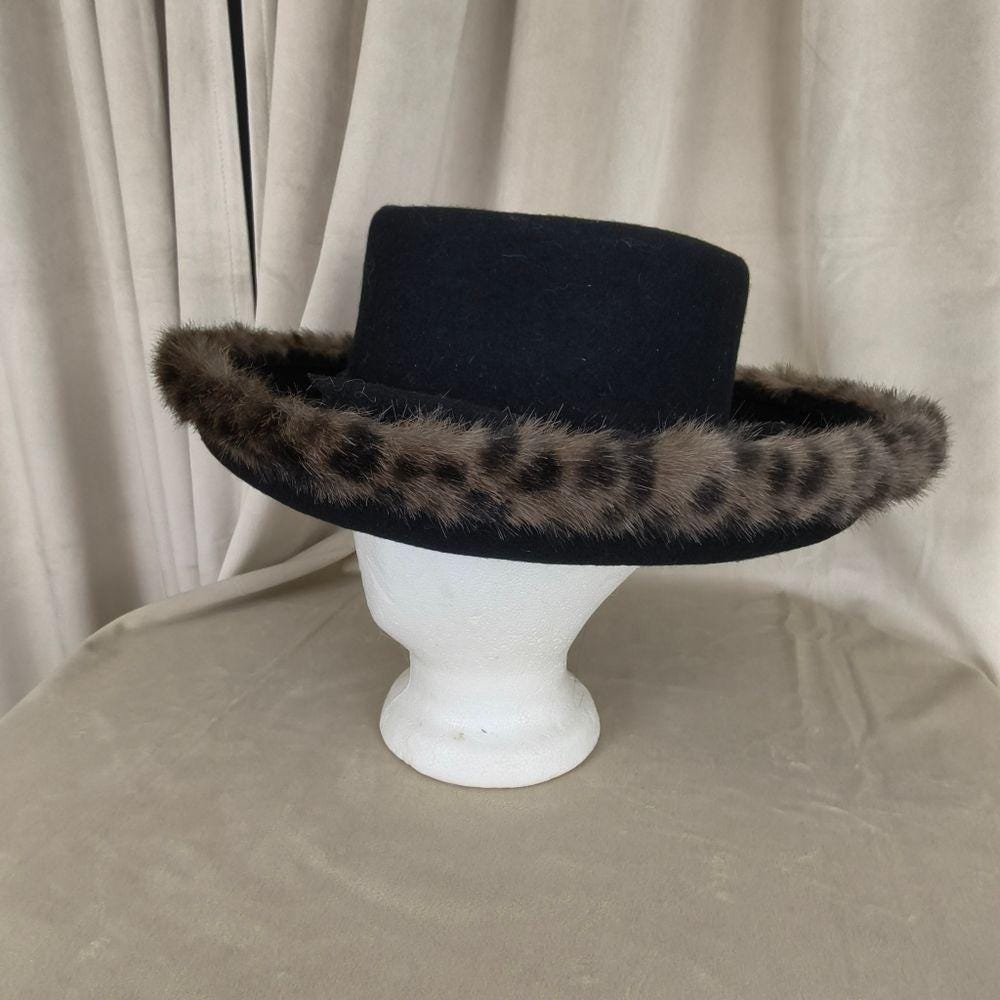 Vintage Black Wool Rimmed Hard Hat with Leopard Faux Fur Trim
