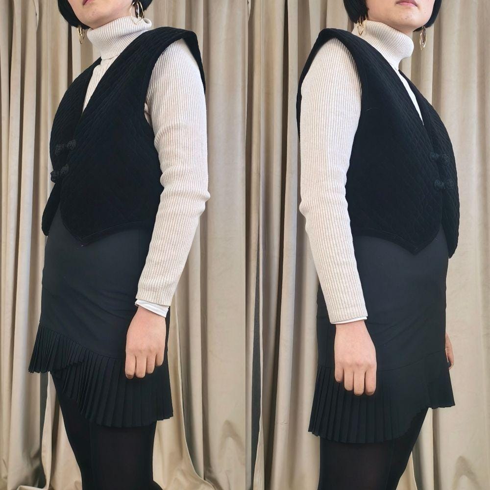 Vintage COSCOB Black Quilted Velvet Mandarin Vest with Frog Closures