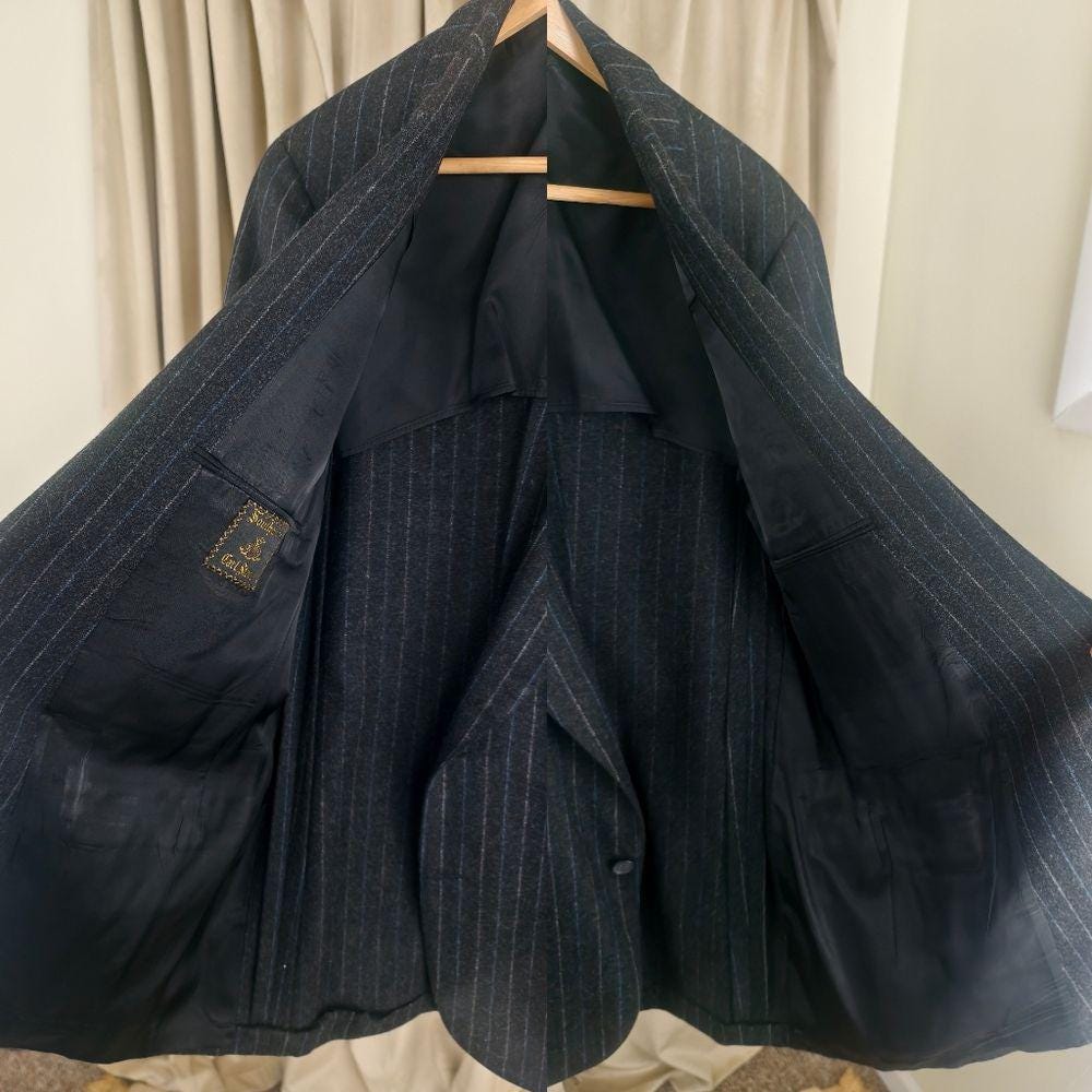 Vintage Southwick Black Charcoal Pinstripe Wool Boyfriend Men's Pant Suit