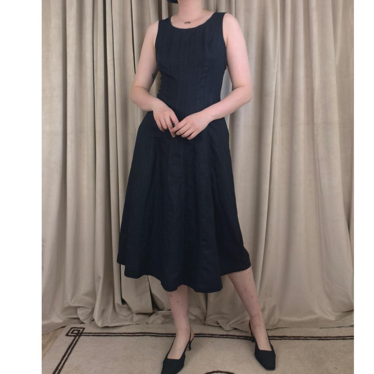 J.Jill Black Linen Midi Dress with Pleated Bodice and Flared Skirt