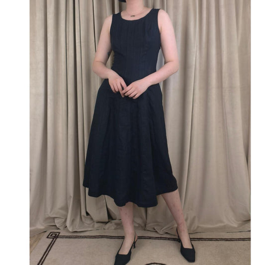 J.Jill Black Linen Midi Dress with Pleated Bodice and Flared Skirt