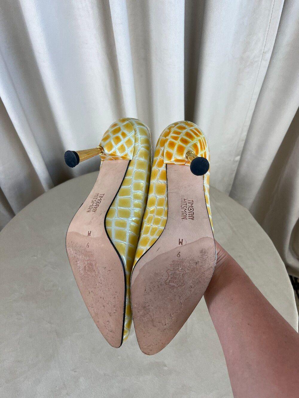 Vintage Timothy Hitsman Yellow Croc-Embossed Pointed-Toe Pumps