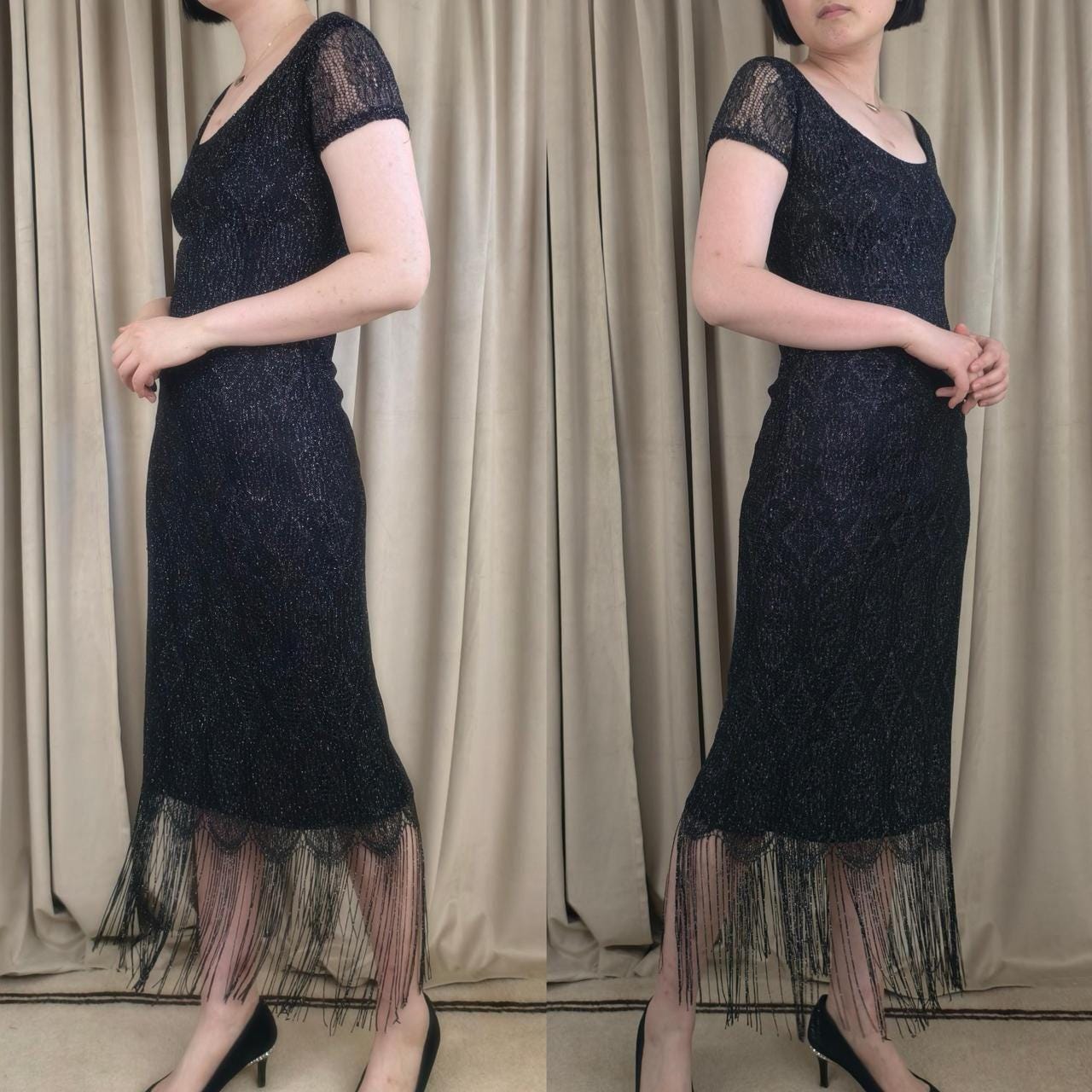Vintage Onyx Nite Black Silver Metallic Lace Dress with Fringe Hem