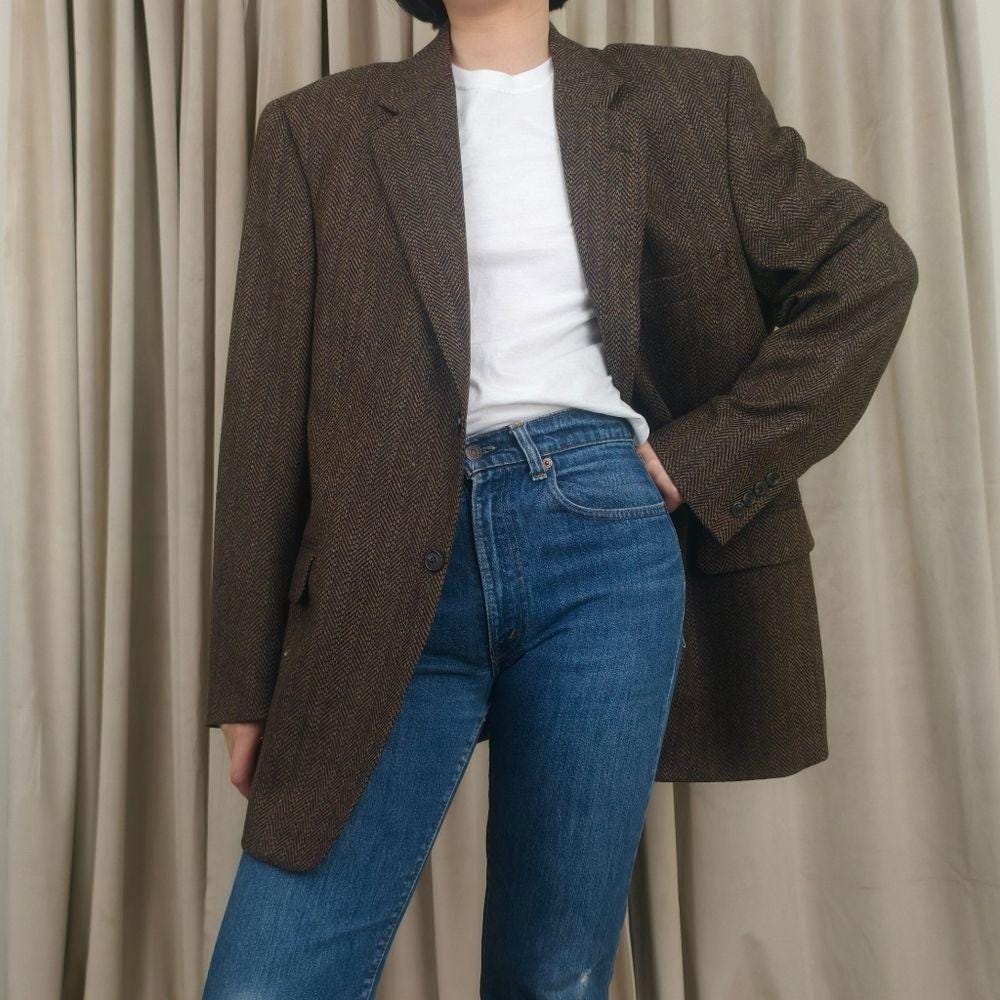 Vintage Wool Brown Tweed Oversized Boyfriend Blazer