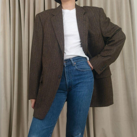 Vintage Wool Brown Tweed Oversized Boyfriend Blazer