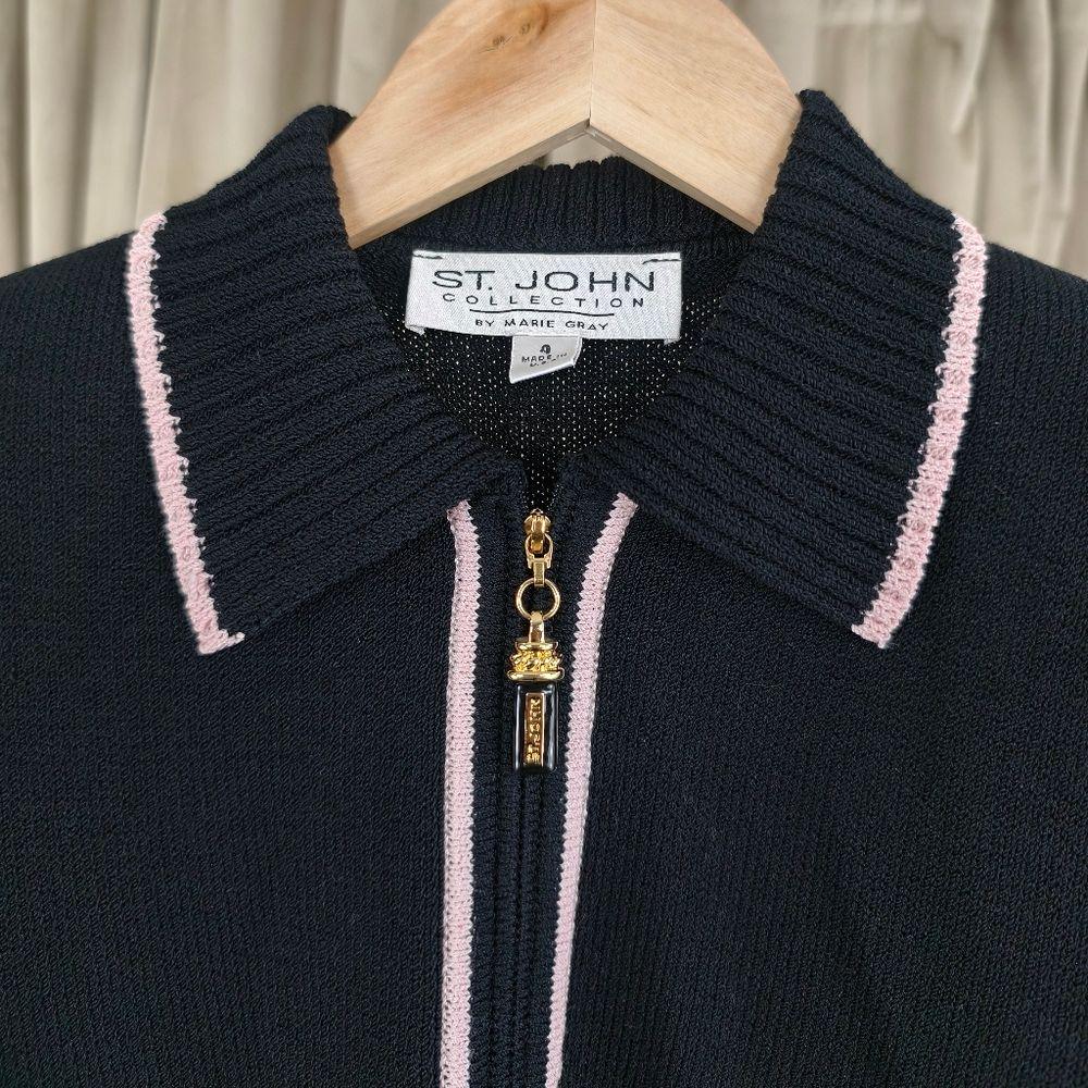 St. John Collection Black Zip Up Cardigan with Pink Details