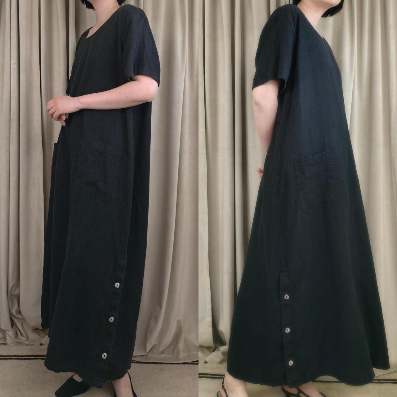 Vintage Studio East Black Linen Maxi Short Sleeve Dress