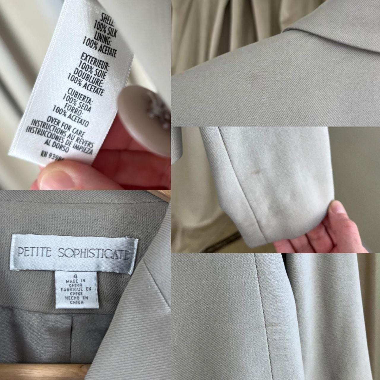 Vintage Petite Sophisticated Grey Green Silk Fitted Blazer