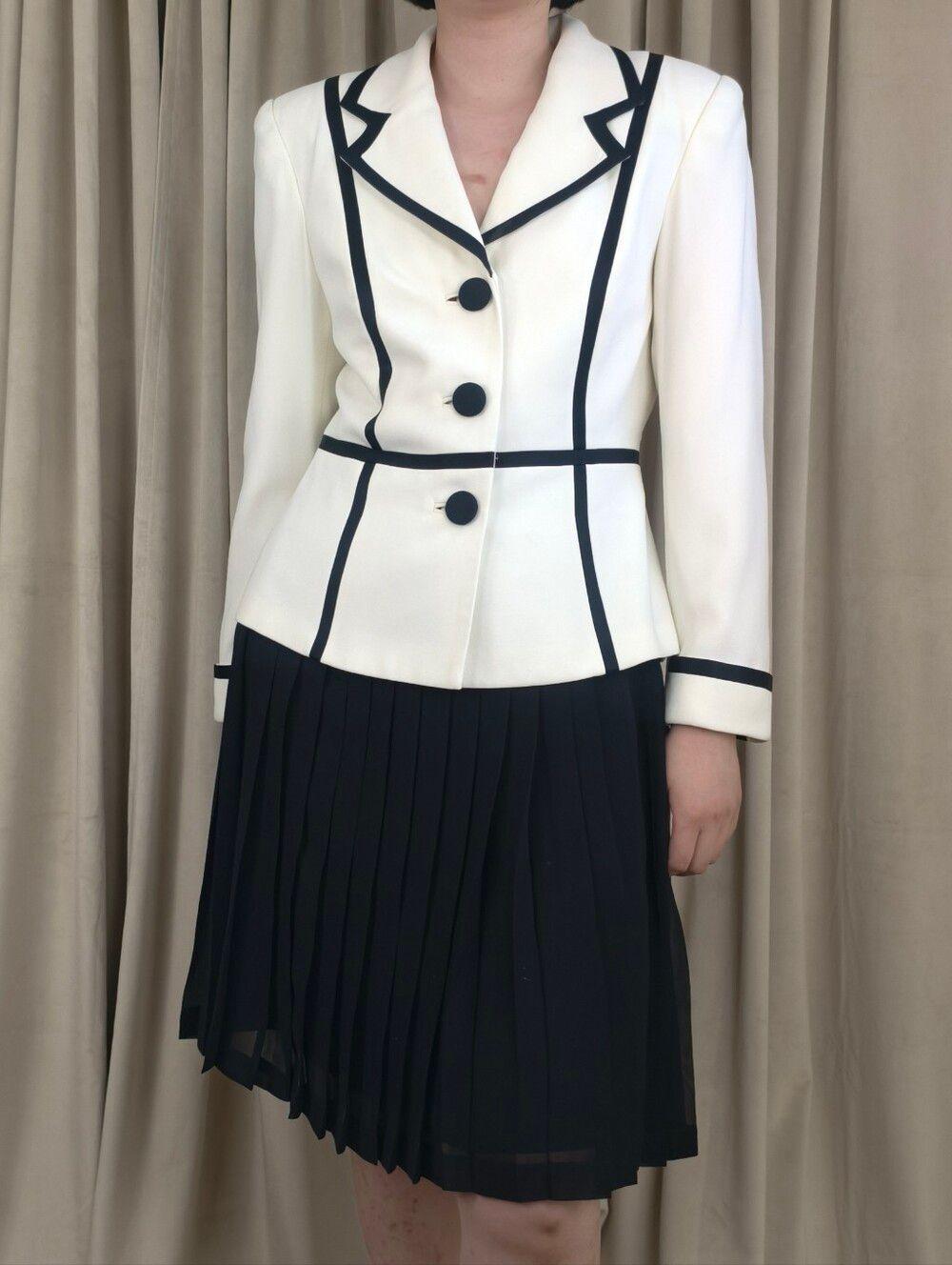 Vintage Gillian White Blazer with Black Trim and Black Pleated Skirt