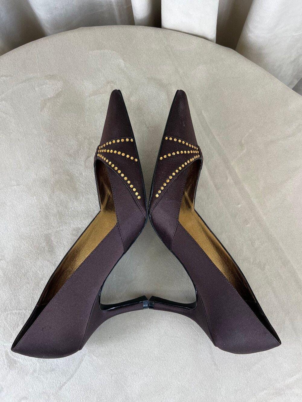 Vintage Mina Dark Brown Women's Pointed Toe Studded Satin Pumps