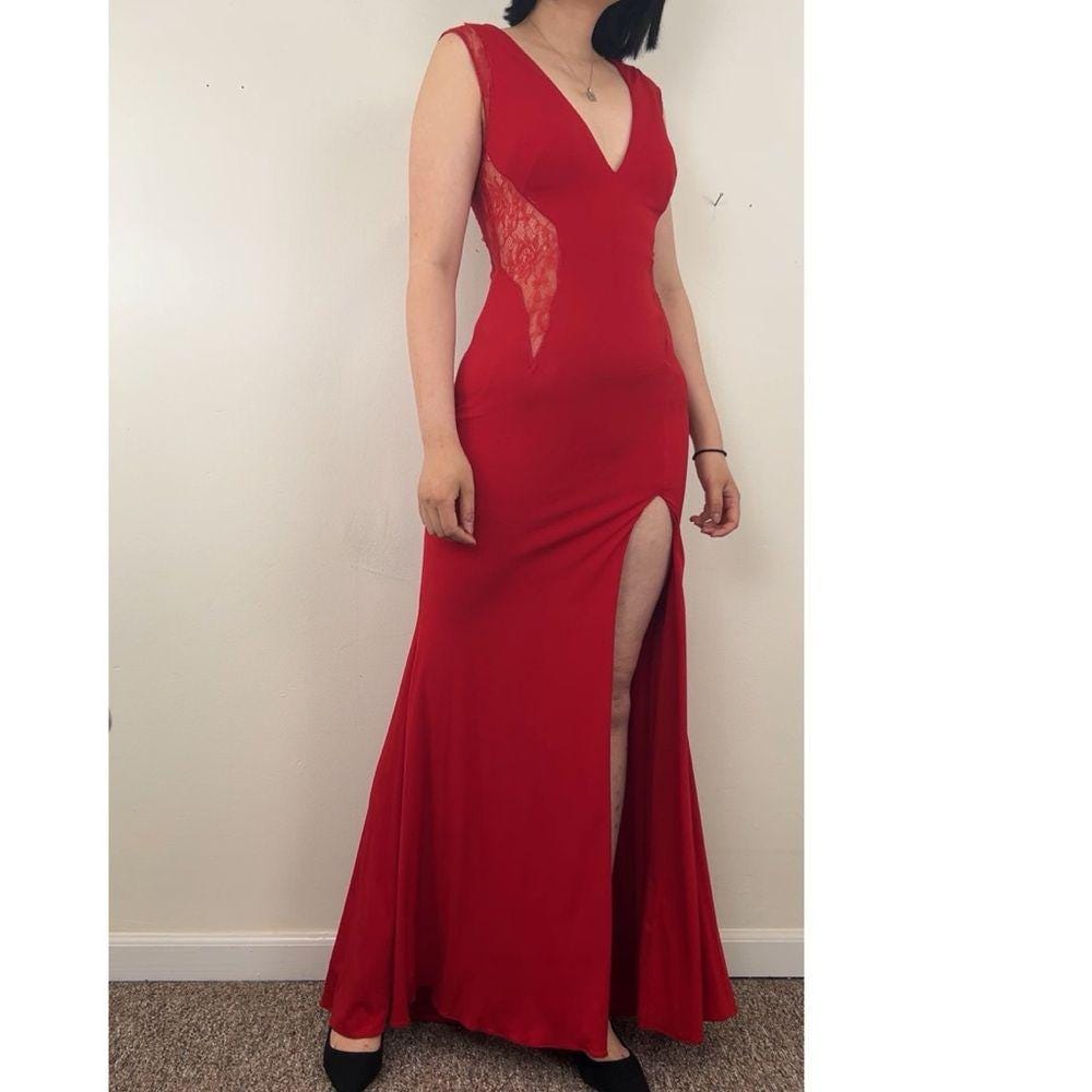 Jovani Elegant Red Evening Dress Gown with Lace Detailing