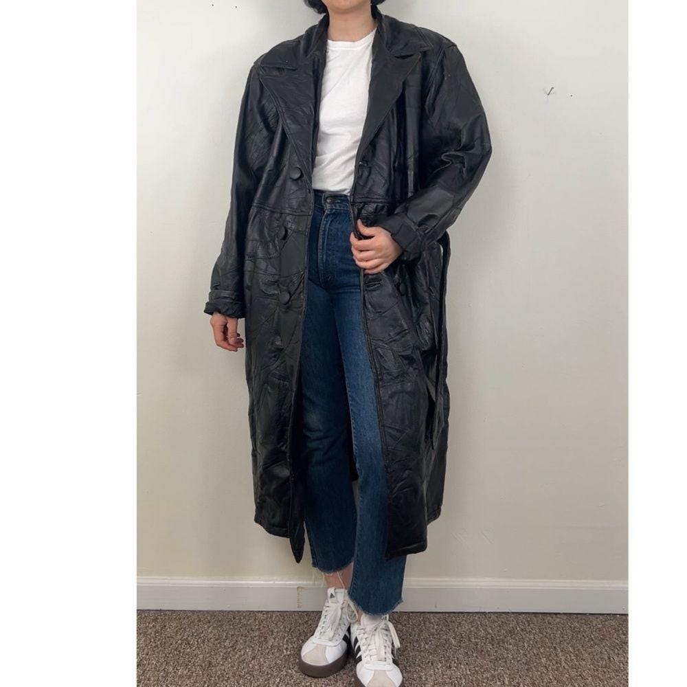 Vintage Black Patchwork Leather Trench Coat with Belt